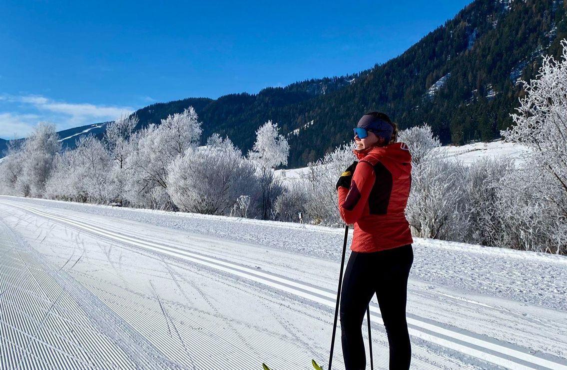 A female cross-country skier