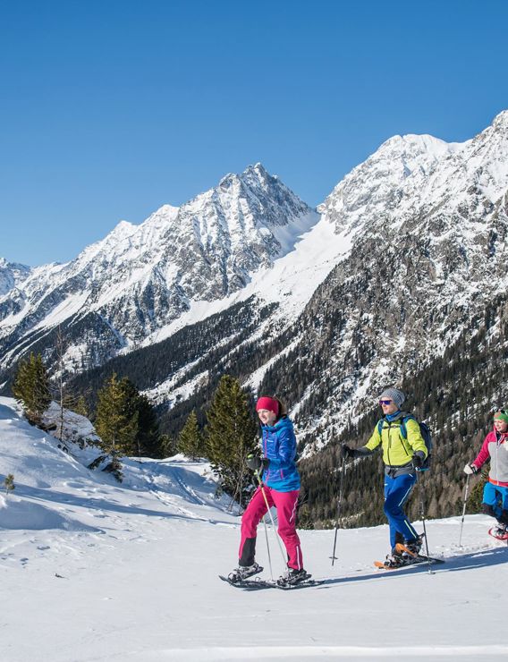 Three people on a snowshoe hike